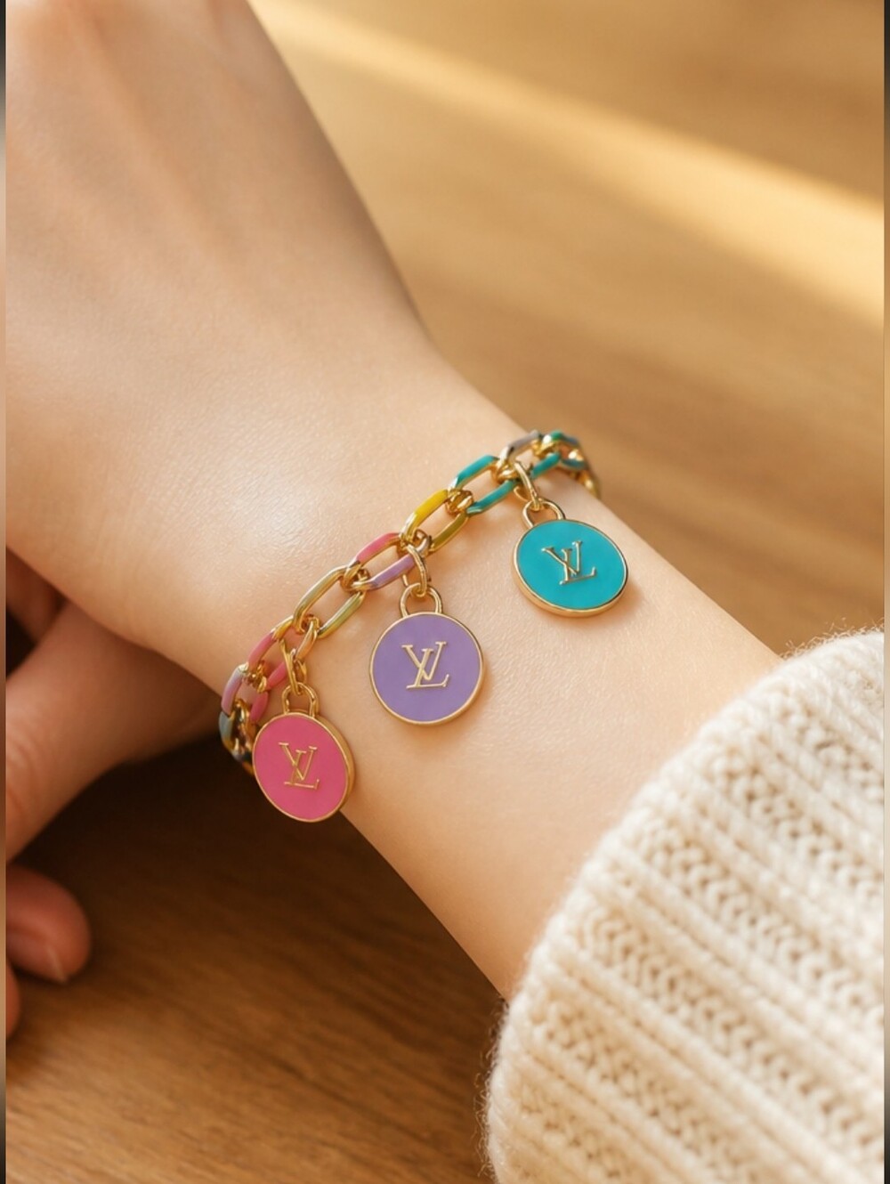 18k Gold Plated Multi Color Bracelet, 3 LV    Skittle Zip Pulls